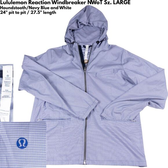 Lululemon Mens Reaction Windbreaker Jacket L Hooded Zip Navy White NWOT Golf - Picture 1 of 9